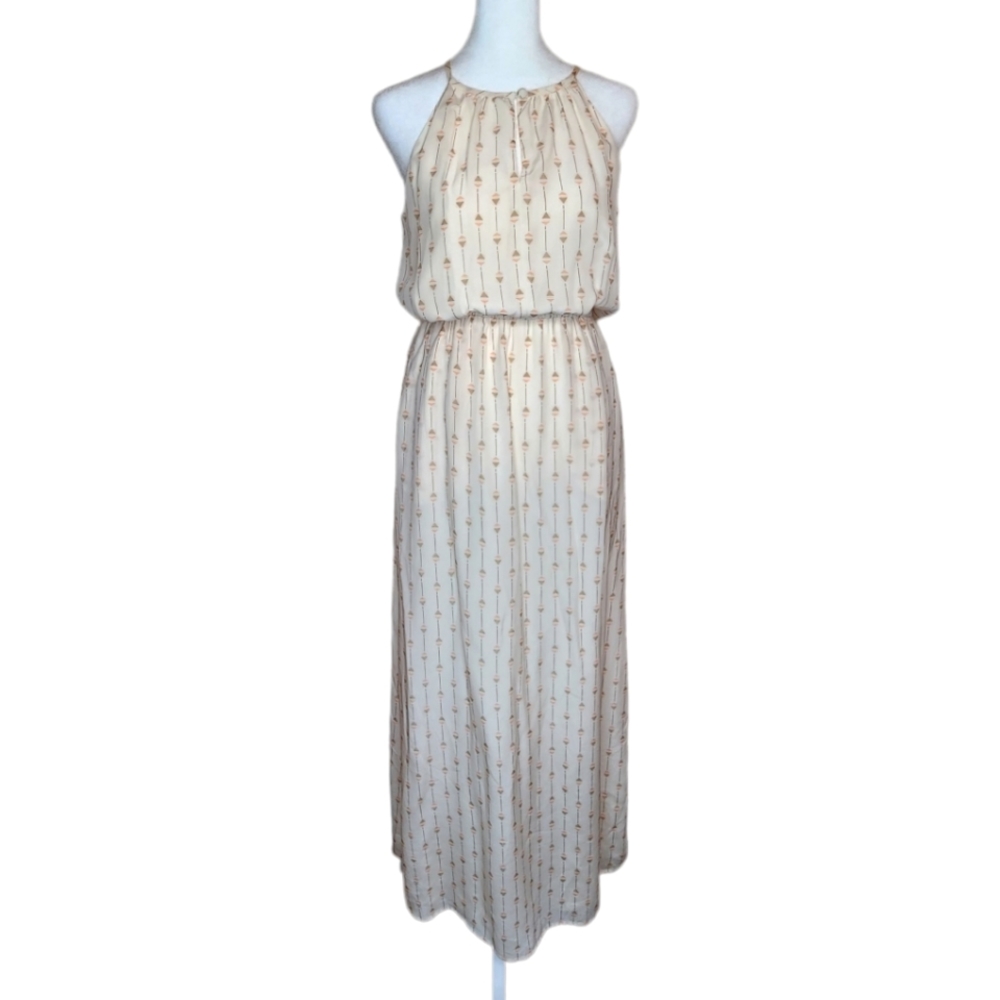 NEW Lucky Brand Printed Cream Blouson Maxi Halter Dress